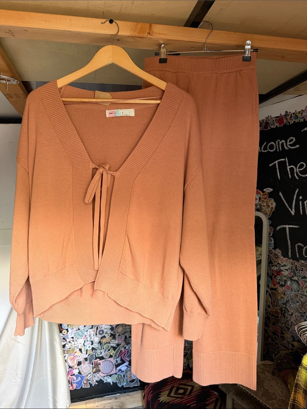 Cozy Tie-Front Knit Sweater & Wide-Leg Pants Set - Rust